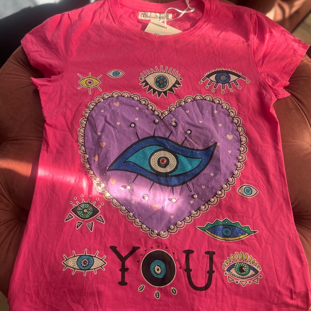 Molo Pink Tee with Purple Heart and Eye Design